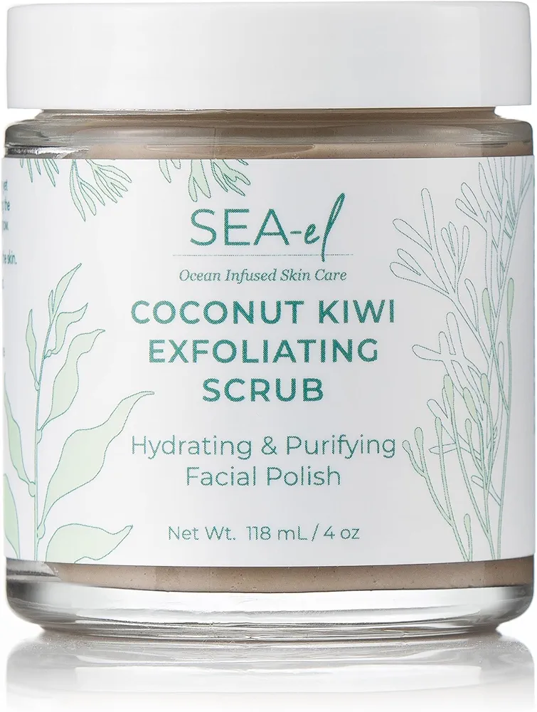 Sea El Coconut Kiwi Exfoliating Face Scrub Hydrating Calming & Purifying Anti Aging Exfoliator - Bamboo Pumice & Green Tea Detoxifying Exfoliant Facial Cleanser & Polish for Women & Men - 4 Oz