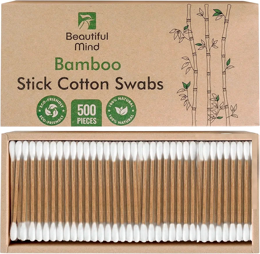 Beautiful Mind Bamboo Cotton Swabs for Ears – 500 Pack – Carbonized Bamboo Ear Swabs for Durability with Long Qtips – Eco-Friendly, Biodegradable & Vegan – 100% Organic Cotton Swabs for Makeup