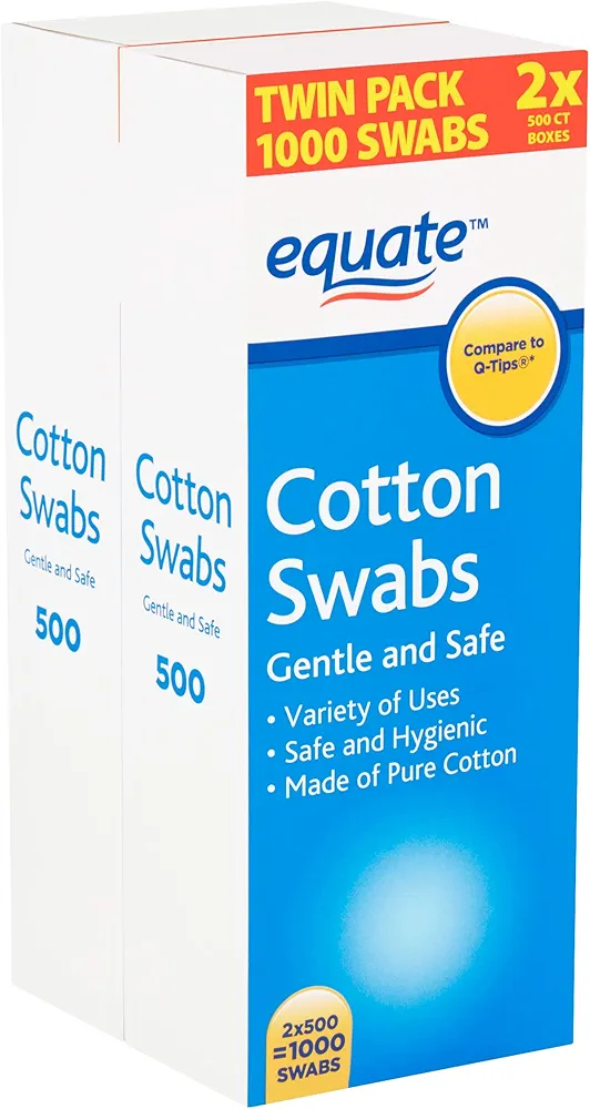 Equate Cotton Swabs Twin Pack, 1000 Count (2x 500 Count) - 1 Pack (for Ears, Beauty, Makeup, Babies, Dogs, Pets, Auto Detailing, Cleaning, and More)