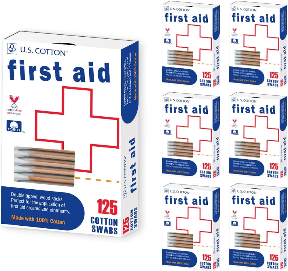 U.S. Cotton First Aid or Baby 100% Cotton Swabs, Wood Stick, 125 Count Boxes (Pack of 6 Boxes)