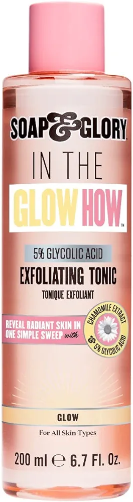 Soap & Glory in The Glow How Vitamin C 5% Glycolic Acid Exfoliating Tonic - Gentle Glycolic Acid Toner + Chamomile Extract - Pore Exfoliating Toner + Glow Tonic for Brighter, Healthier Skin (200ml)