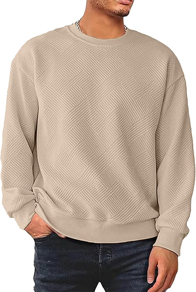 HOTake Mens Crewneck Sweatshirts Solid Color Geometric Texture Long Sleeve Casual Pullover Shirt