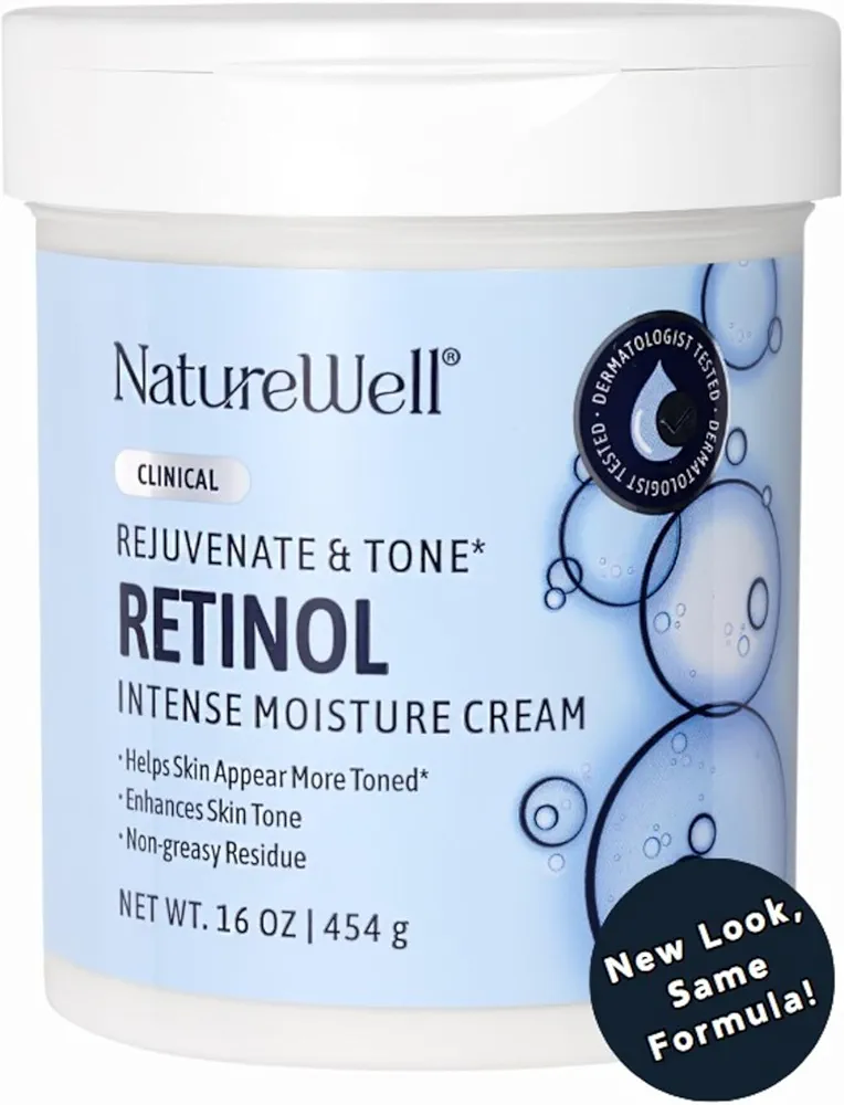 NATURE WELL Clinical Retinol Advanced Moisture Cream for Face, Body, & Hands, Anti Aging, Targets Discoloration, Wrinkles, Sun Damage, Crepey, & Sagging Skin, 16 Oz