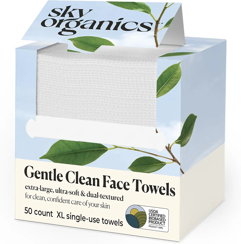 Sky Organics - Gentle Clean Face Towels (1-Pack) - 50 XL Single-Use Face Wipes - Ultra Soft & Dual Textured - Disposable Face Towel - Makeup Remover Wipes - Cruelty Free - Skin Care Tools - Self Care