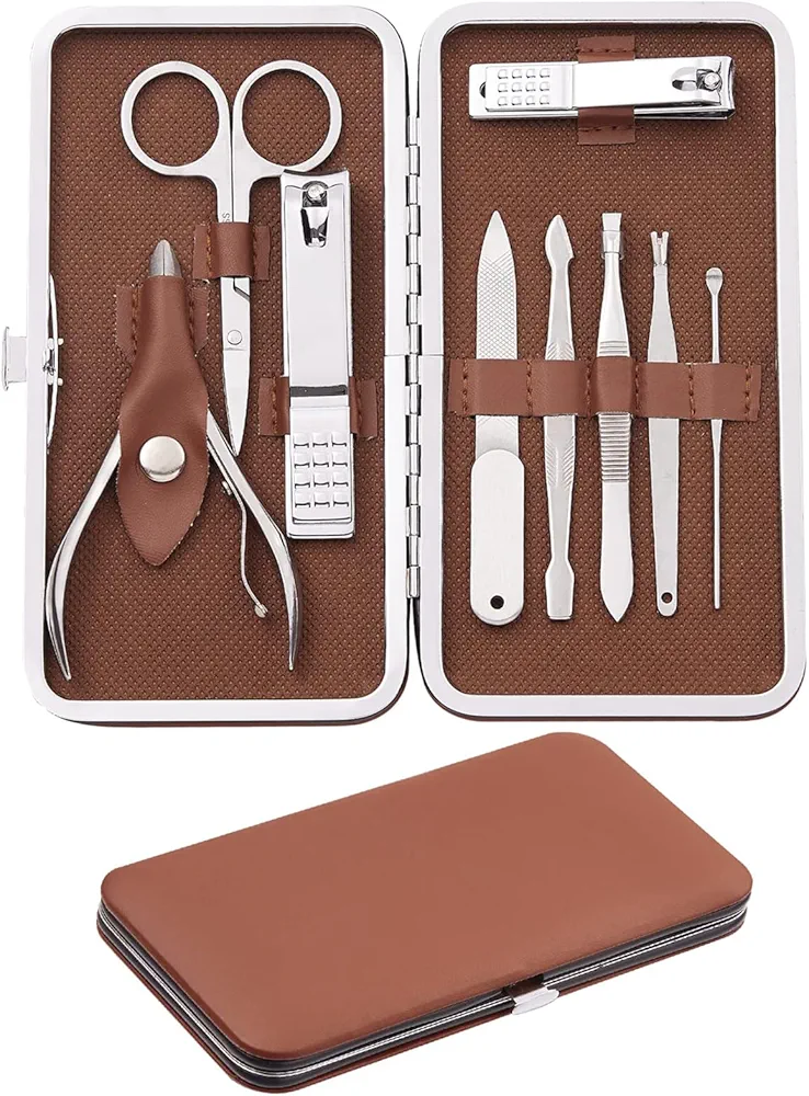 Manicure Set, FAMILIFE Manicure Kit - Nail Kit Mens Grooming Kit Pedicure Kit 9PCS Gifts for Men Boyfriend Nail Clipper Set Stainless Steel Professional Nail Set Care Manicure Tools Leather Case Brown