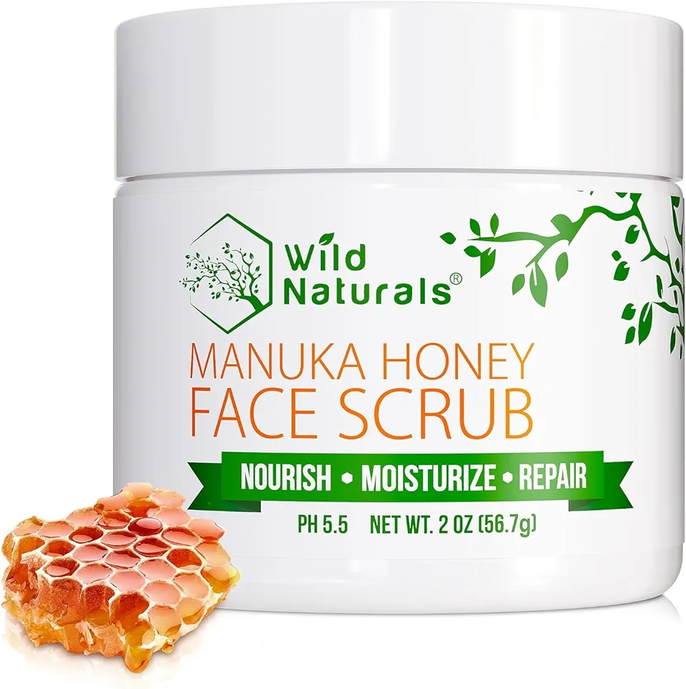 Manuka Honey Face Scrub - Gentle & Natural Blemish Control Exfoliator - Non-Toxic Facial Cleanser for Acne, Eczema, Blackheads, Dry & Sensitive Skin - Hydrating Exfoliating Scrub