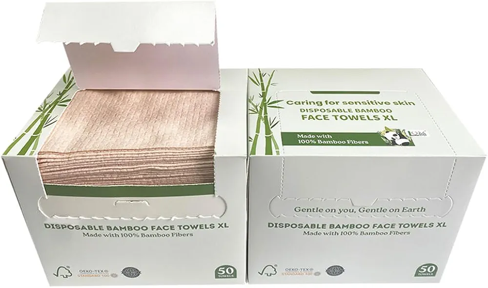 LVBB 100% Bamboo Viscose Face Wash Towels Disposable, Biodegradable Face Towelettes Disposable,Dry Makeup Remover Wipes,Super Soft Skin Care Face Cleansers Towelettes,XL 50 Count/Box (Pack of 2)