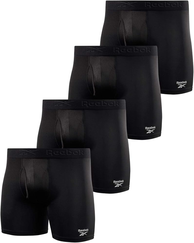 Reebok Men's Boxer Briefs - 4 Pack Soft Performance Boxers for Men with Fly Pouch - Quick Dry Active Mens Underwear Pack S-XL, Size Large, All Black