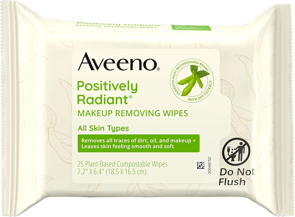 Aveeno Positively Radiant Makeup Remover Wipes, Gentle Individual Face Wipes with Moisture-rich Soy Extract to help leave your skin looking bright, Hypoallergenic Formula, Non-Comedogenic (Pack of 25)