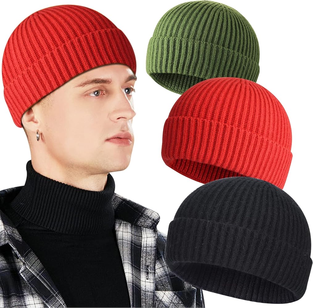 3 Pack Wool Fisherman Beanies for Men, Short Knit Watch Cap Cuffed Trawler Hats