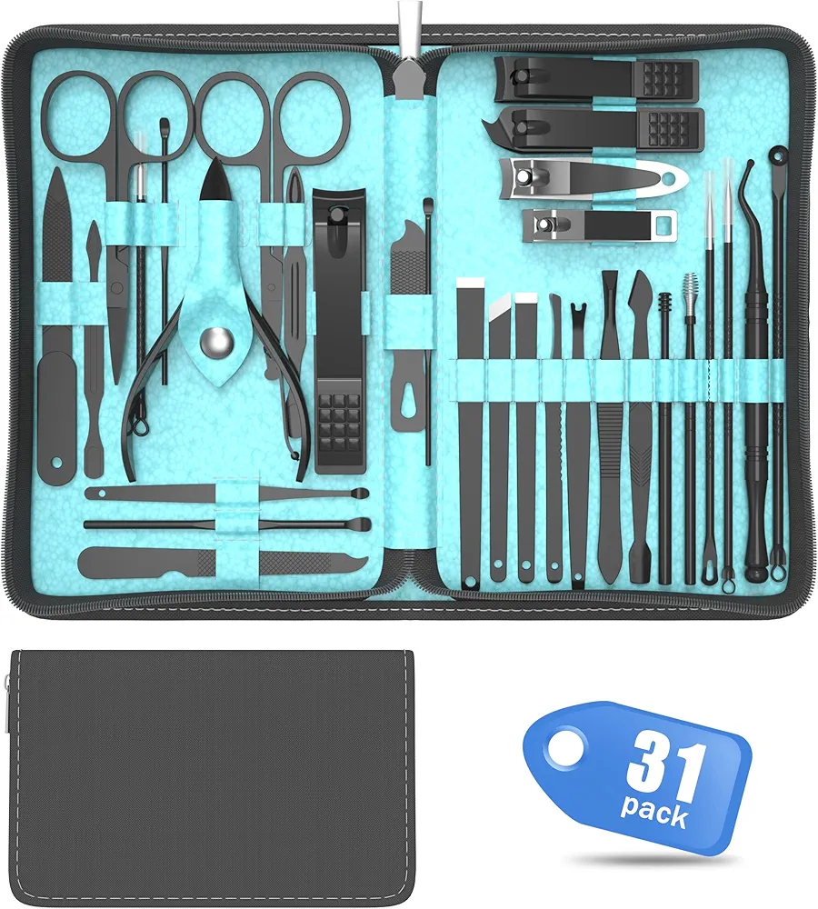 Cater Manicure Nail Clippers Kit - Nail Grooming Set, 31Pcs Stainless Steel Manicure and Pedicure Nail Kit, Nail Care Tools with Luxurious Travel Case (Light Blue)