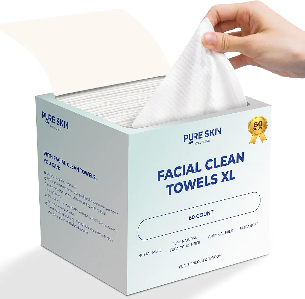 Clean Towels XL 100% USDA Dermatologist Approved Face Towel, Disposable Face Towelette, Clinically Tested Biobased Facial Washcloth, Makeup Remover Dry Wipes, Ultra Soft 60 Ct