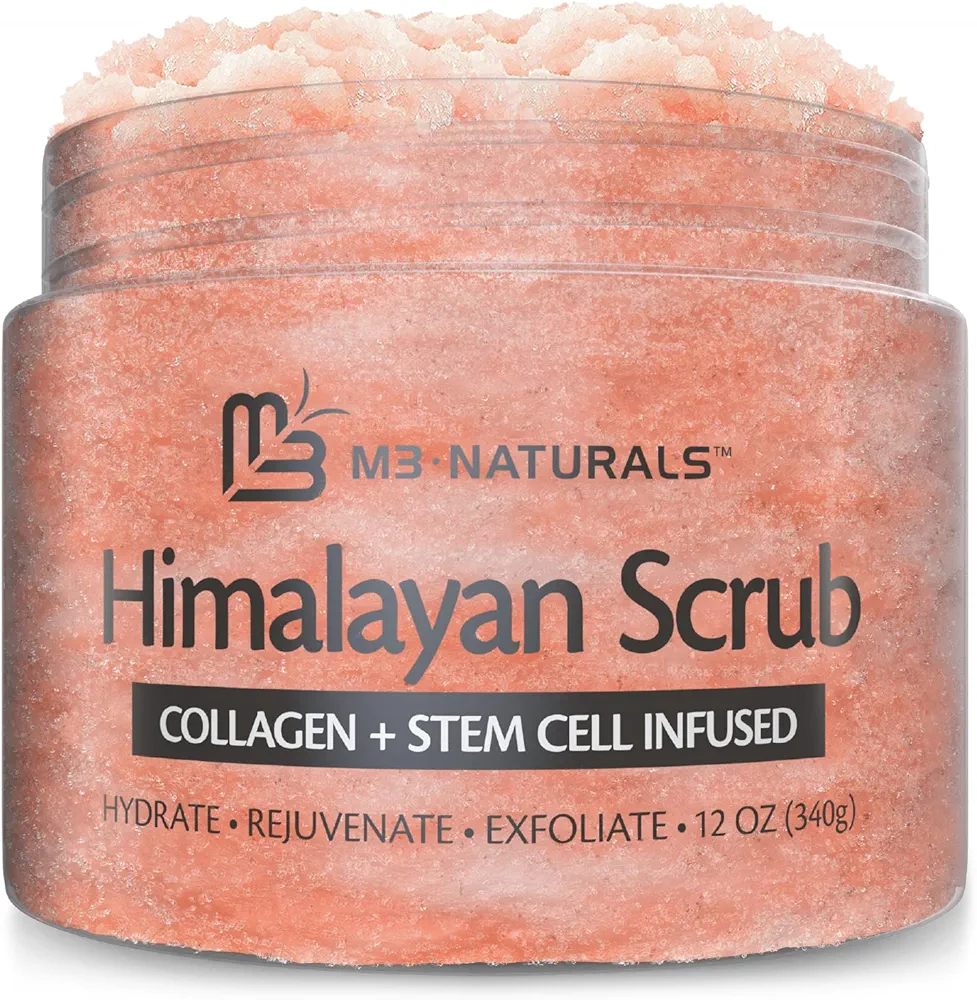 Himalayan Salt Scrub Face Foot & Body Exfoliator Infused with Collagen and Stem Cell Natural Exfoliating Salt Body Scrub for Toning Cellulite Skin Care by M3 Naturals