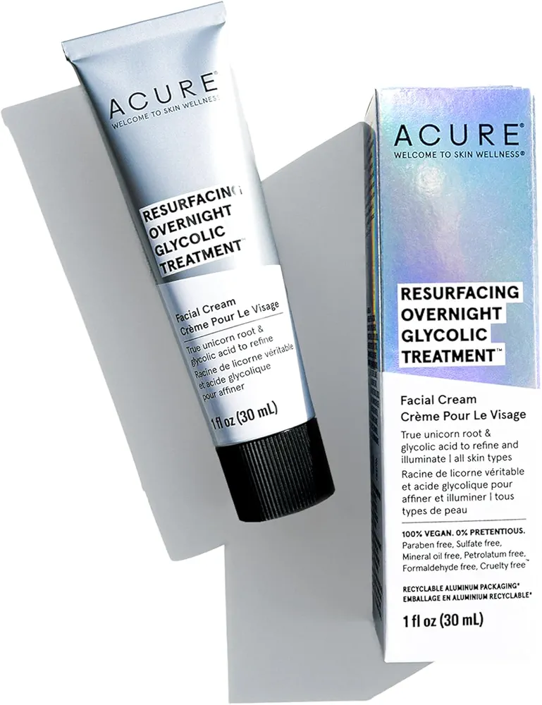 ACURE Resurfacing Overnight Glycolic Treatment - Night Dewy Glow Cream with Moonstone,True Unicorn Root, Glycolic & Lactic Acid Formula - Refines, Resurfaces and Improves Skin Tone & Texture - 1 Fl Oz