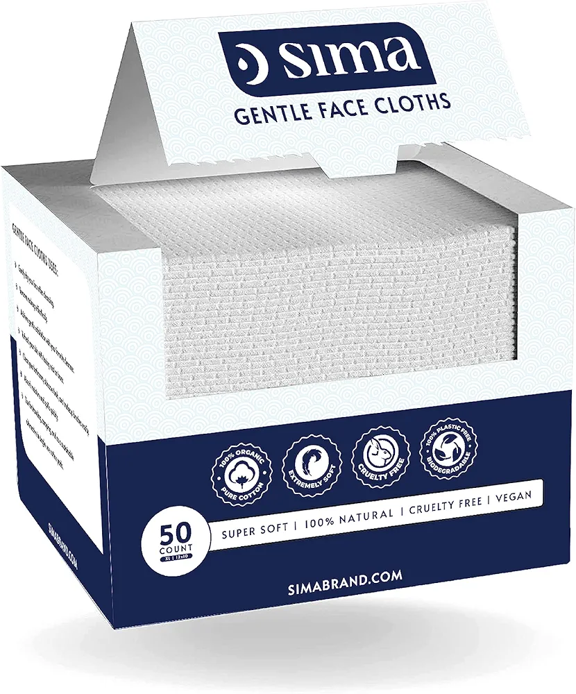 Sima Disposable Face Towels for Drying - 100% Cotton Face Wipes 50 Pack - Biodegradable Makeup remover for sensitive Skin, Gentle Clean facial cloth - Ultra-Soft & Lint-Free, Cruelty Free