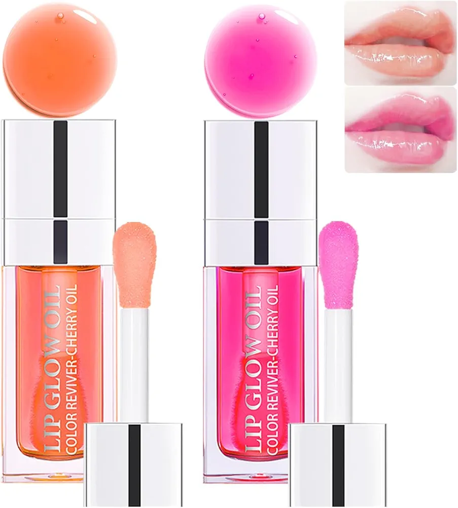 2 Colors Hydrating Plumping Lip Glow Oil,Moisturizing Lip Oil Gloss Transparent Glossy Lip Gloss Primer Lip Tint for Lip Care and Dry Lip (001#+007#)