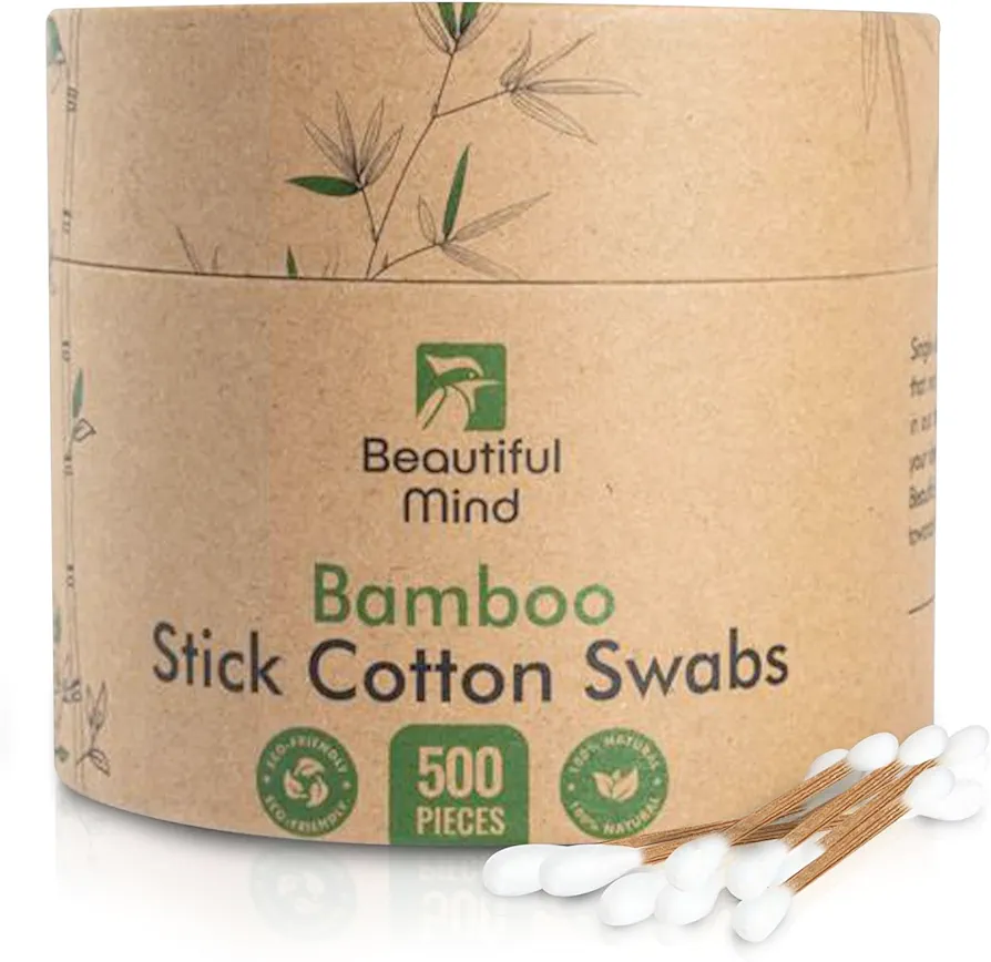 Beautiful Mind Bamboo Cotton Swabs for Ears – 500 Pack – Carbonized Bamboo Ear Swabs for Durability with Long Qtips – Eco-Friendly, Biodegradable & Vegan – 100% Organic Cotton Swabs for Makeup