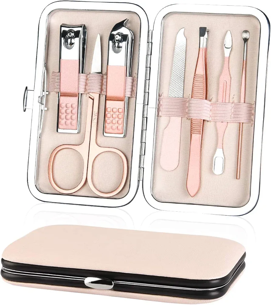 AOMIG Nail Clippers Set, 7 pcs Professional Portable Manicure Kit, Eyebrow Grooming Face Hair Clippers, Stainless Steel Nail Care Tools with Luxurious Leather Case for Travel & Home