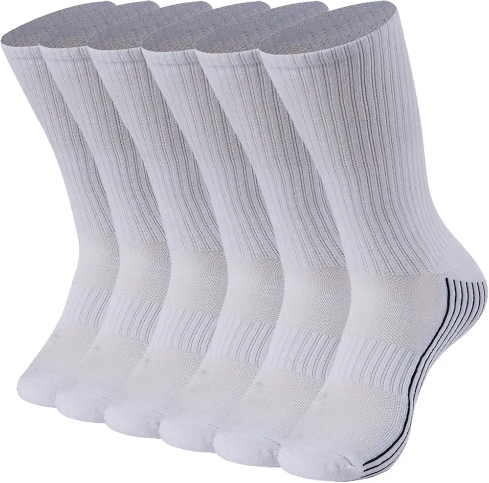 Sunew Winter Thick Bamboo Socks,Mens Moisture Wicking Extra Cushion Sport Working Crew Trekking Mid Calf Quick Dry Travel Fitness Socks White Large 6 Pairs