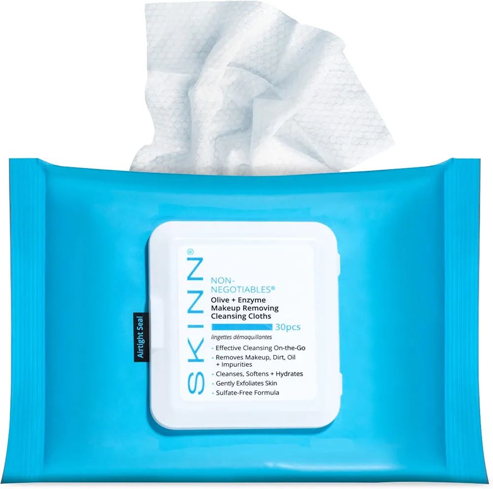 SKINN Facial Cleansing Makeup Remover Wipes - Hydrating Makeup Removing Cloths for Waterproof Mascara, Makeup, Oil, & Dirt - Disposable Face Towelettes that Gently Exfoliates, Cleanses, & Softens Skin