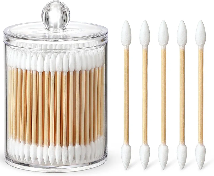 700 Count Cotton Swabs with 1 Clear Dispenser Holder - Double Pointed Tips & Thick Cotton & Sturdy Bamboo Stick - Eco-Friendly, Biodegradable Natural Cotton Buds for Makeup, Hygiene, Beauty Care