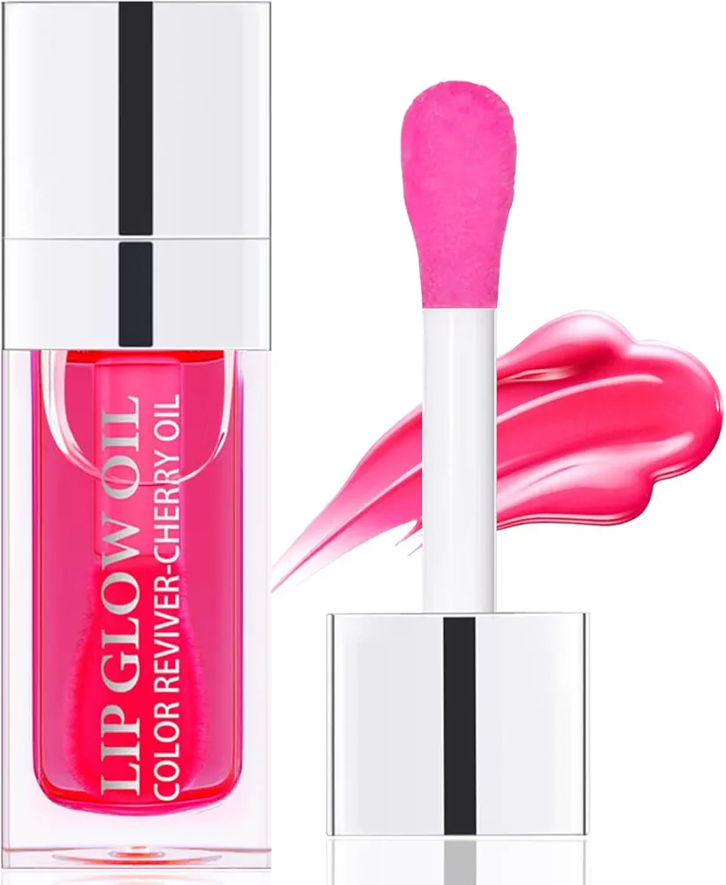 Hydrating Lip Glow Oil, Moisturizing Lip Plumper Gloss, No-Sticky Transparent Plumping Lip Gloss Tinted Lip Balm for Lip Care and Dry Lips (Cherry)