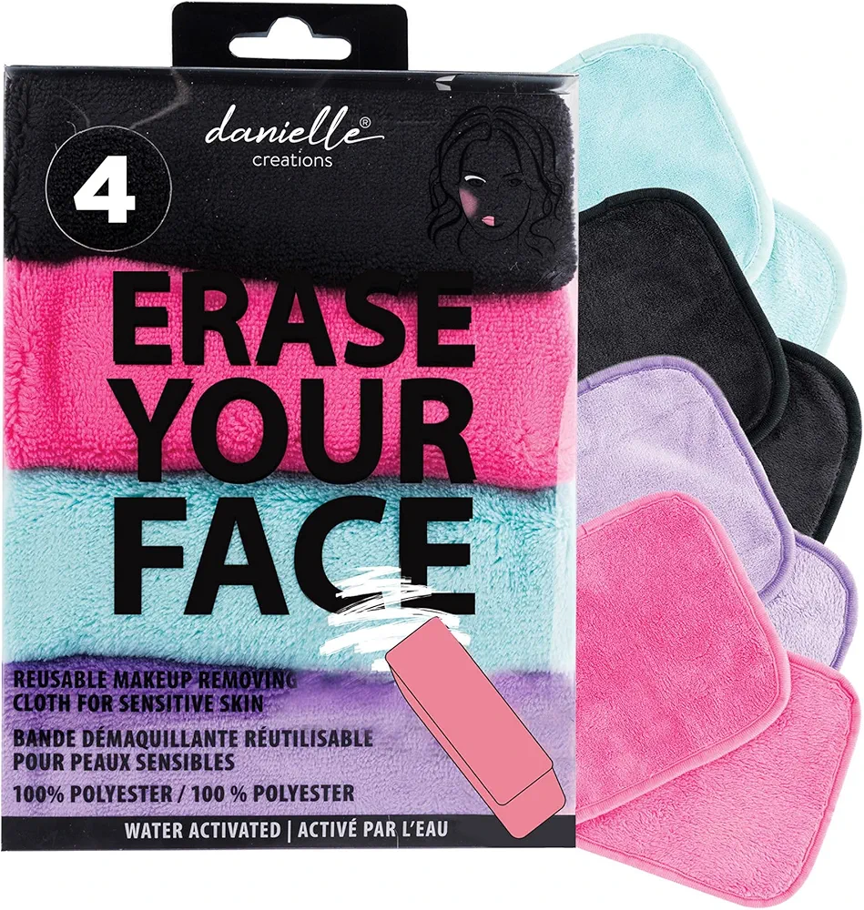 ERASE YOUR FACE Makeup Remover Cloths - Reusable Microfiber Face Towels to Cleanse & Remove Makeup - Water Activated, Dual-Sided Design for Easy Use (4 Count)