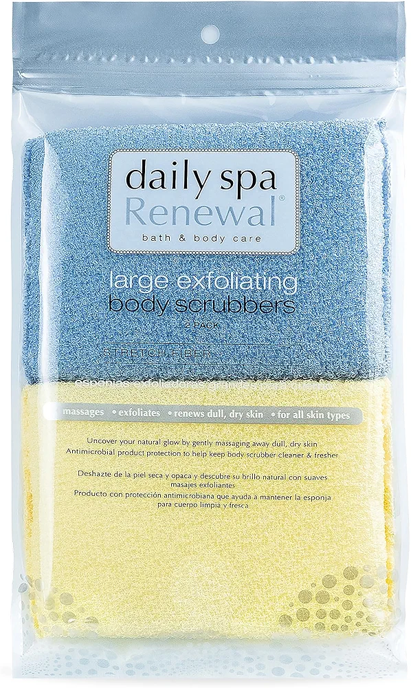 Large Exfoliating Body Scrubber, Large Exfoliating Bath Sponge, 4 PCS, Denim & Yellow