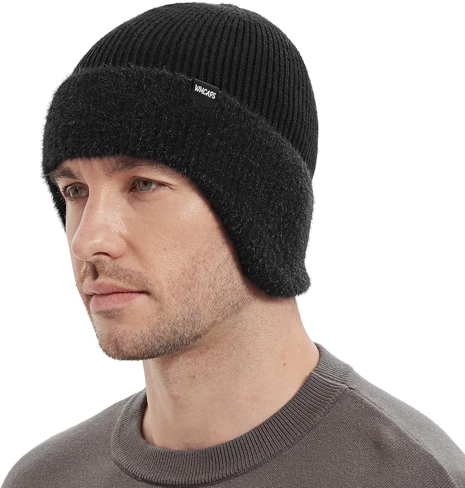 Wmcaps Winter Fleece Line Beanie with Earflap for Men Women, Outdoor Warm Thermal Knitted Hat Stocking Caps