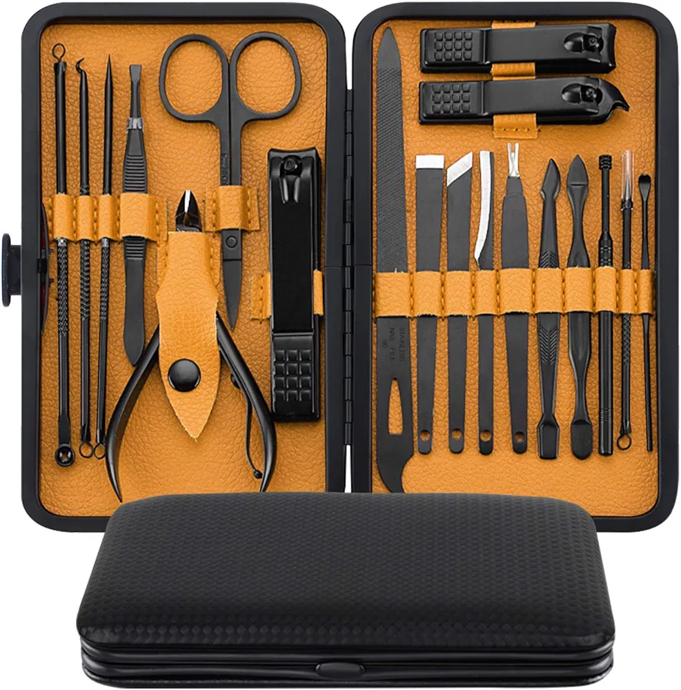 Manicure Set 19 In 1 Stainless Steel Professional Pedicure Kit Nail Grooming Kit Clippers Kit with Black PU Leather Case, Perfect Christmas Gifts for Men and Women (Black/Yellow)