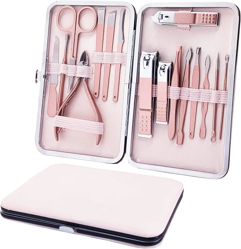 Manicure Set, Professional Nail Clippers Kit, Pedicure Care Tools, Professional Women Grooming Kit -Premium Stainless Steel with Pink Travel Case Set 16PC Great Gift(Rose Gold)