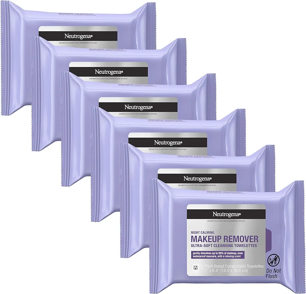 Neutrogena Makeup Remover Night Calming Cleansing Towelettes, Disposable Nighttime Face Wipes to Remove Dirt, Oil & Makeup, 25 ct