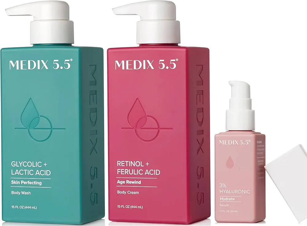 Medix 5.5 Anti Aging Skin Care 3PC Set | Retinol Body Cream + Exfoliating AHA Glycolic Acid Foaming Face Wash & Body Wash + Hyaluronic Acid Serum Booster, Wash + Treat + Hydrate Skincare Set, 3PC Set