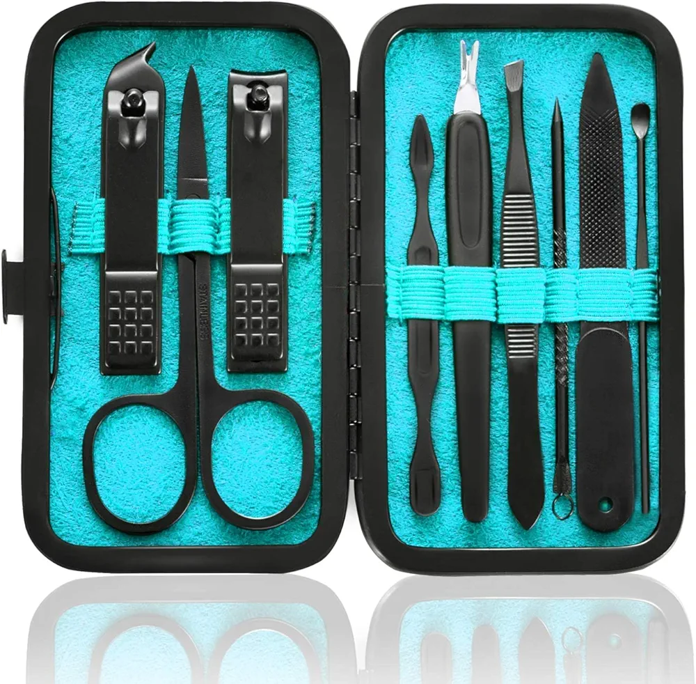 Manicure Set 9 in 1 Stainless Steel, Nail Clippers Scissors Pedicure Tools Kit - Portable Travel Grooming Kit for Men and Women with Black/Blue Leather Case (Blue)