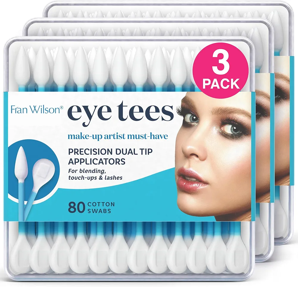 Fran Wilson EYE TEES COTTON TIPS 80 Count (3 PACK) - Precision Makeup Applicator, Double-sided Swabs with Pointed and Rounded Ends for Perfect Blending, Effective Cleaning and Precise Touch-ups