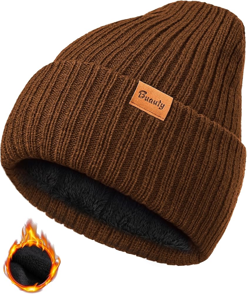 Beanie Hats for Men Women Fleece Winter Hat Chunky Knit Skull Stocking Caps for Guys Thermal Snow Hat Heated Cuffed Gift