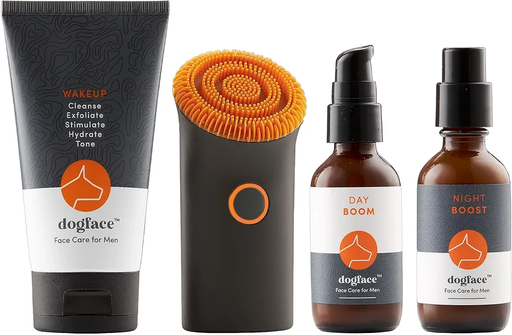 Dogface Deluxe Kit- Men's Red Light Facial Brush, Silicone Bristles Exfoliate & Cleanse, Hyaluronic Acid Moisturizes & Hydrates, Retinol Night Serum- Technobrush, Wakeup Gel, Day Boom & Night Boost