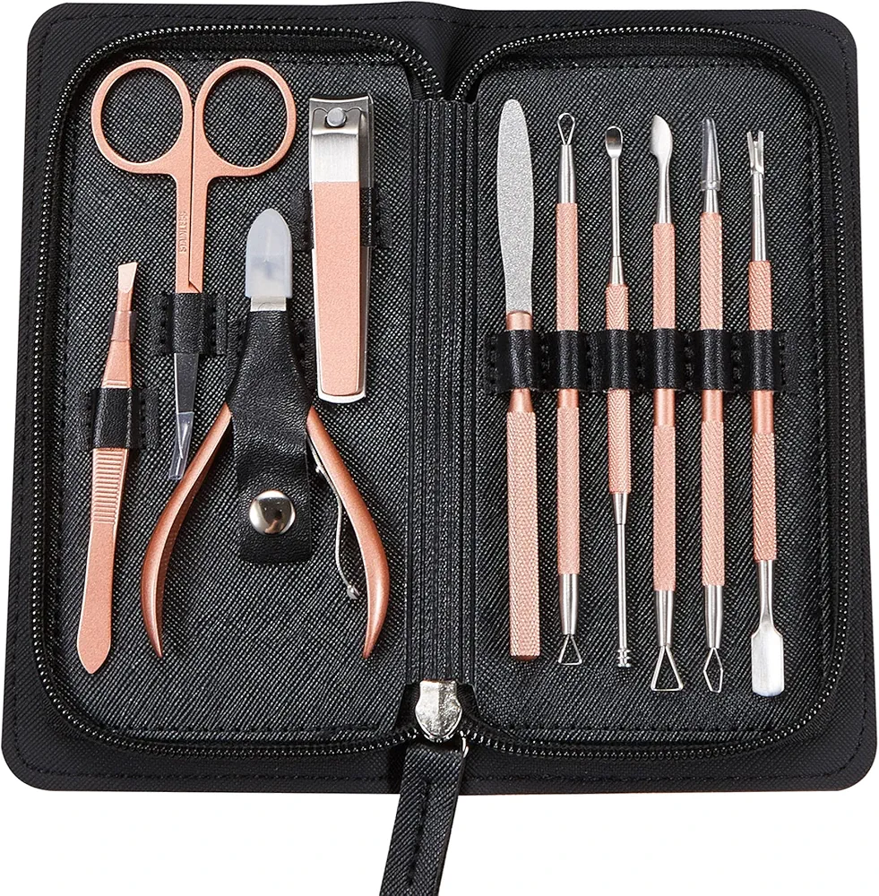 Manicure Set Nail Clippers Cuticle Trimmer Female Personal Grooming Care Kit Daily Grooming Kits with Superior Travel Leather Case 10 in 1 (Rose Pink Plating)