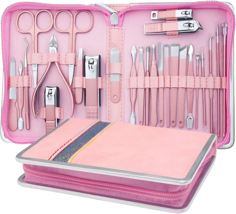 Manicure Set Professional Manicure Kit - 26 in 1 Pedicure Kit Nail Clippers Set Stainless Steel Pedicure Set Nail Care Kit for Women - Pink