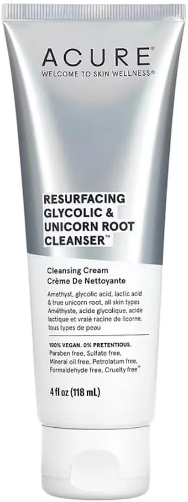 Acure Resurfacing Glycolic & Unicorn Root Cleanser- Gentle Daily Exfoliation Cleansing Cream - Brightening & Hydrating Face Wash - for All Skin Type 4 Fl Oz