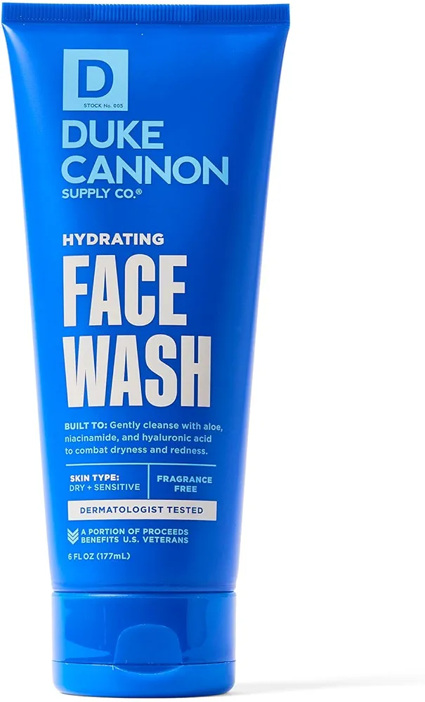 Duke Cannon Hydrating Face Wash | 6 oz | Gentle, Non-Foaming | Fragrance-Free | For Dry & Sensitive Skin | Enriched with Hyaluronic Acid, Niacinamide, & Aloe Vera