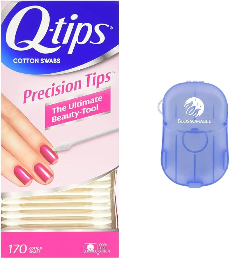 Q Tips Precision Tips Cotton Swabs 170 Count (1-Pack) 100% Cotton Pointed Tips for Cosmetics & Makeup Application, Disposable, Perfect for Cleaning Small Areas Bundled with Blossomable Soap Sheets