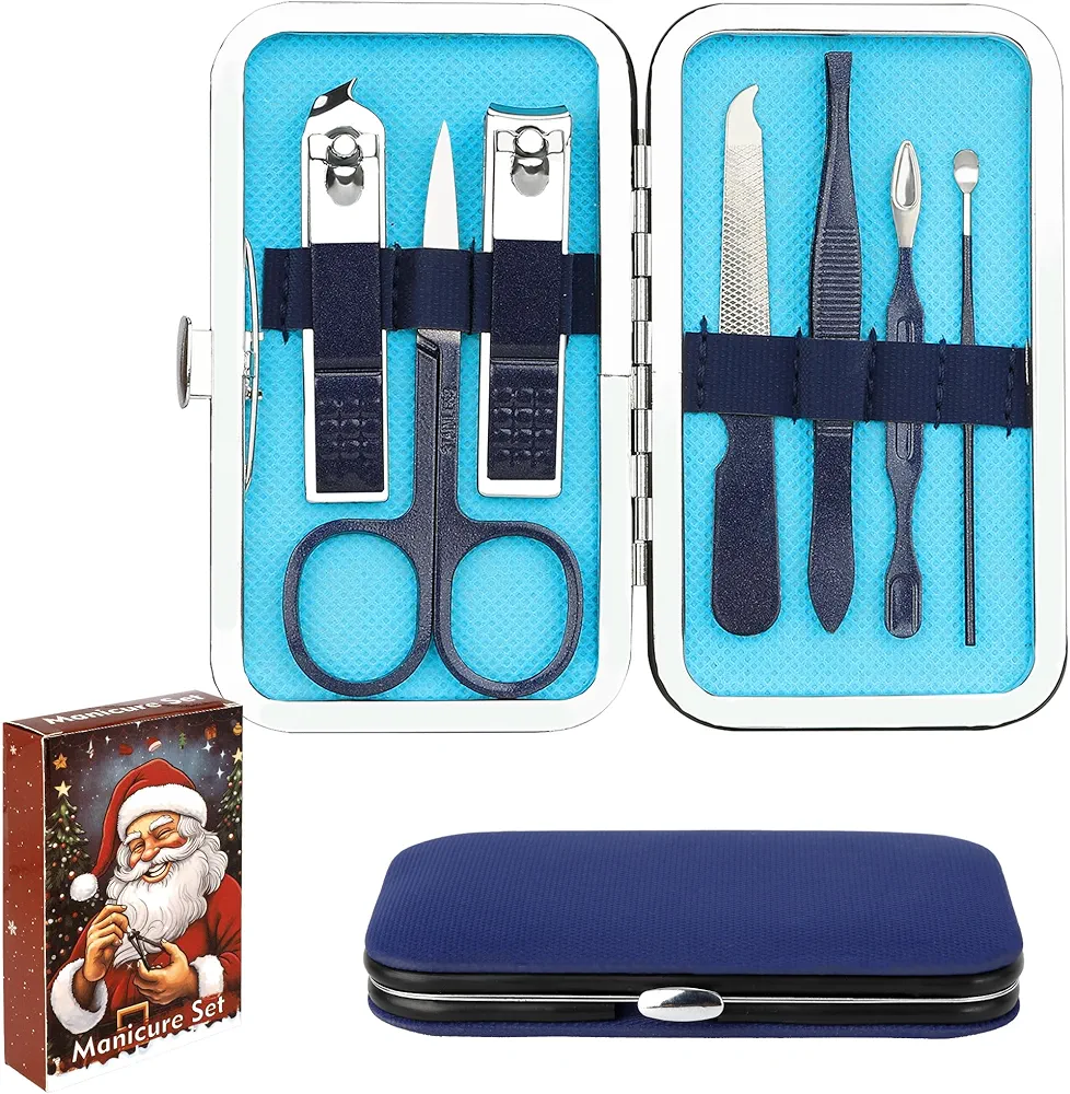 Stocking Stuffers for Men Nail Clipper Set for Men Mini Nail Kit 7 in 1 Travel Manicure Set Nails Kit Mens Manicure Kit Nail Clippers for Kids Nail Clippers for Men Teen Boys Christmas Gift Box, Blue