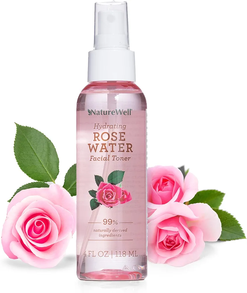 NATURE WELL Rose Water Hydrating Facial Toner Mist for Dewy & Radiant Skin, 100% Vegan, Refreshing, Conditioning, Soothing, Redness Reducing, Perfect for Travel, 4 Fl Oz