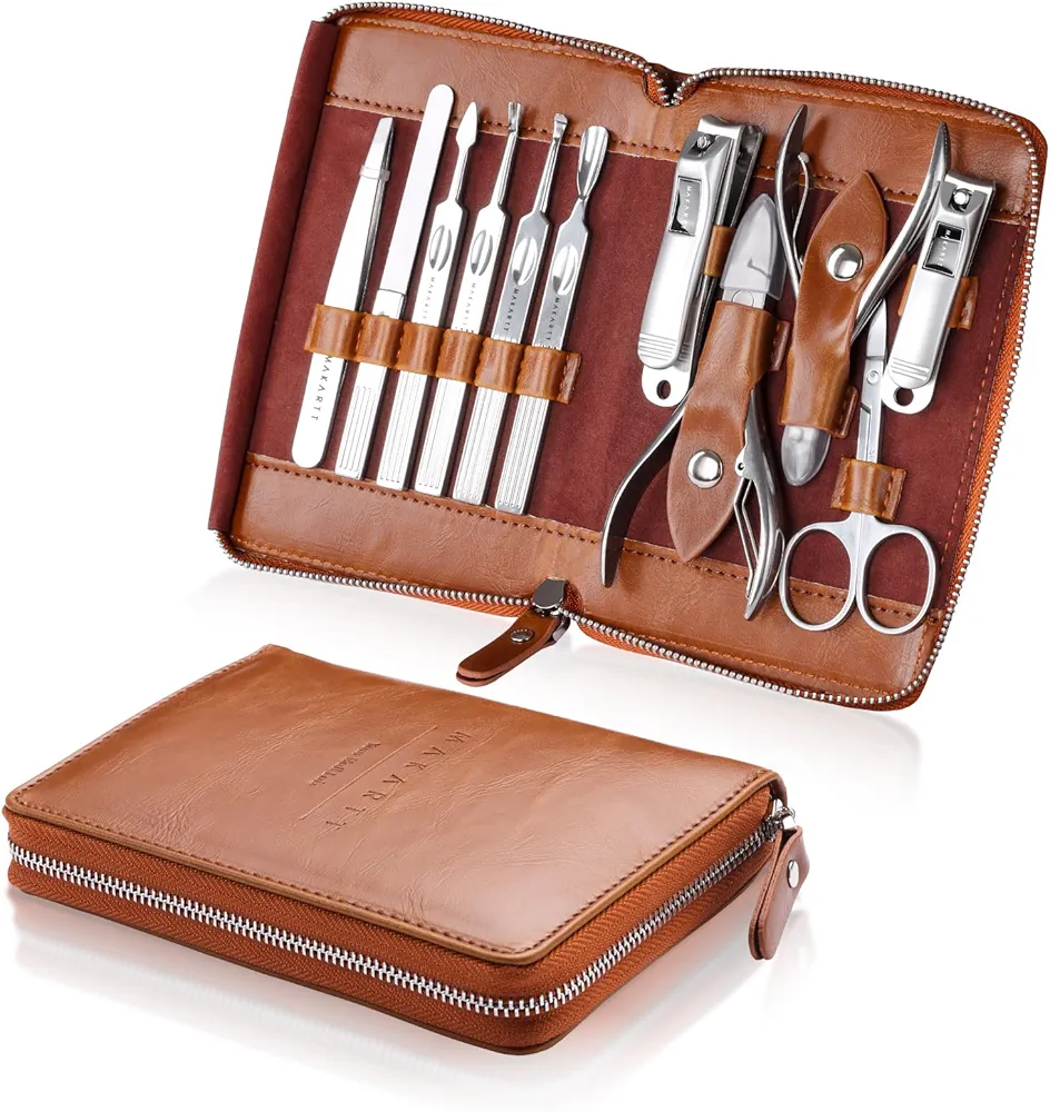 Makartt Manicure Kit: Professional Nail Care Kit Nail Clippers Set - 11 pcs Stainless Steel Tavel Nail Tool Kit Pedicure Kit Men Nail Grooming Kit with Portable Brown Leather Case