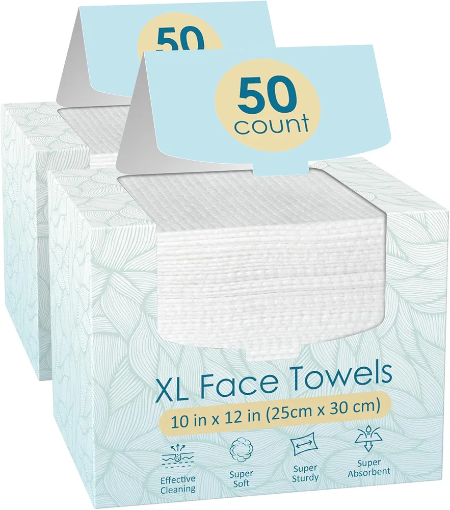 100 Count (2 Box) XL Disposable Face Towels 10” x 12”, 100% Viscose Fibre, Soft & Skin Friendly Face Towelettes Disposable, Facial Tissue Face Wipes for Women Cleansing