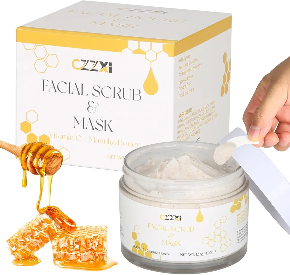 Face Scrub & Facial Exfoliator with Manuka Honey Vitamin C & Niacinamide Face Mask - Gentle Exfoliator for Reduces Dry Skin, Acne, Blackheads, Pore Size 4.23oz