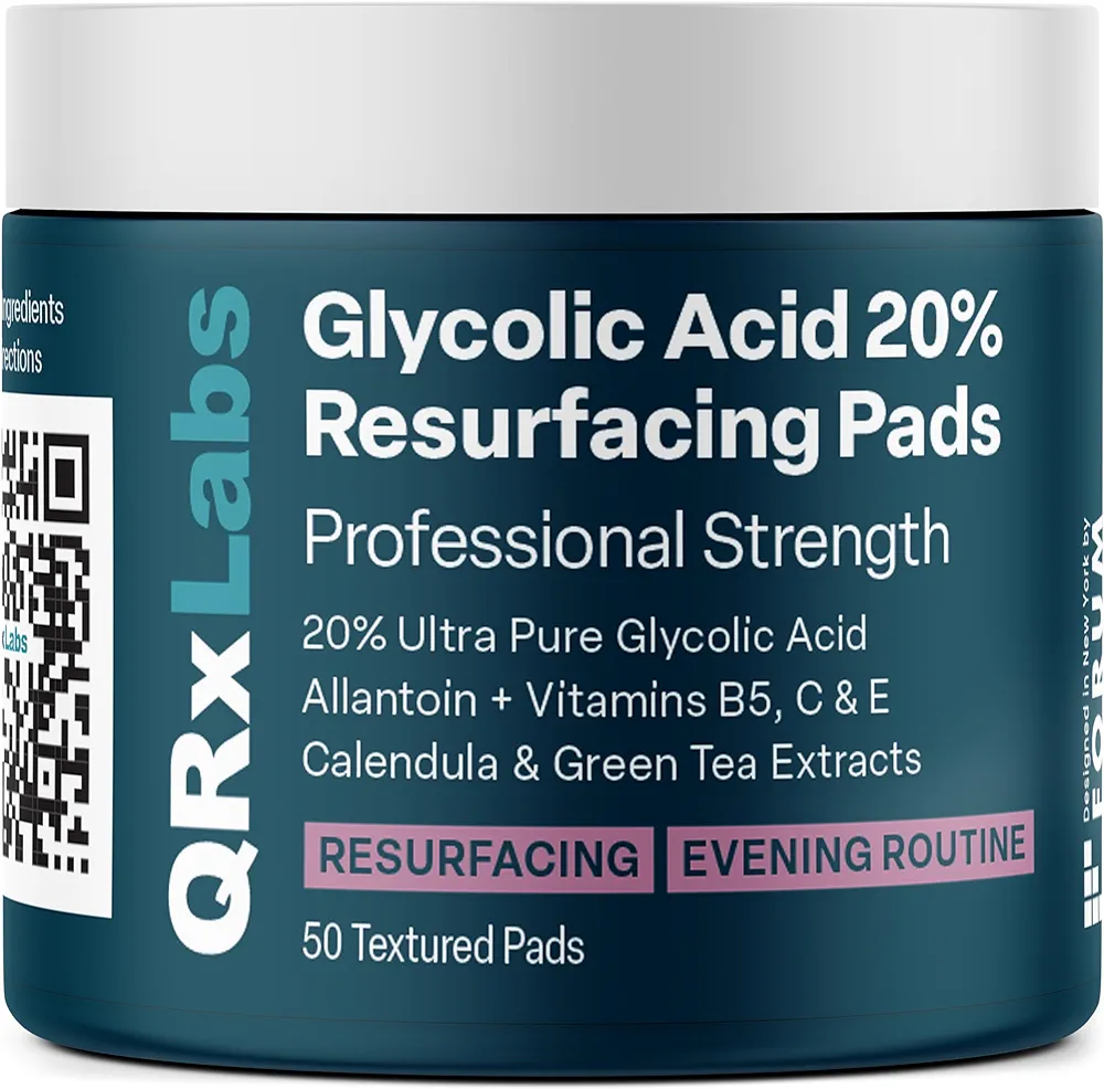 QRxLabs Glycolic Acid 20% Resurfacing Pads for Face & Body with Vitamins B5, C & E, Green Tea, Calendula, Allantoin - Exfoliates Surface Skin and Reduces Fine Lines and Wrinkles - Peel Pads