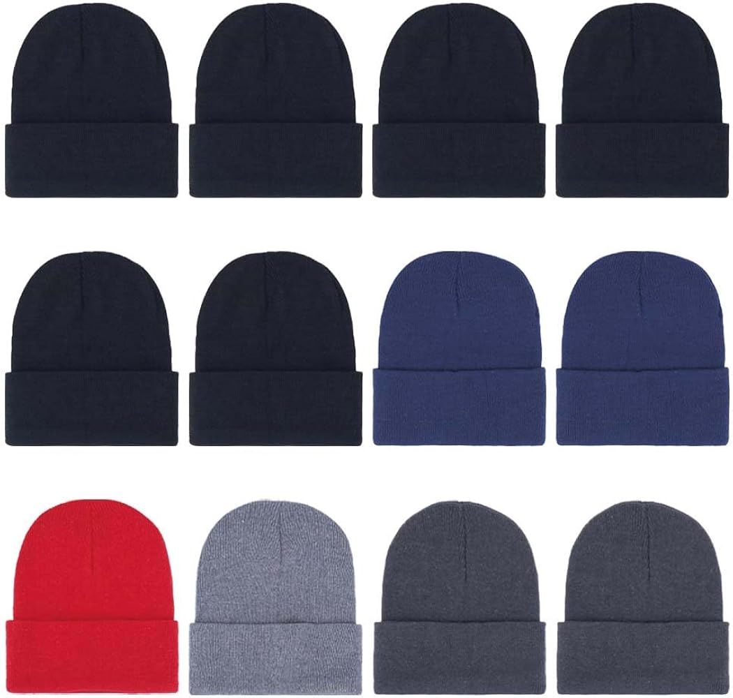 ZH 12-Pack Knitted Winter Beanie Hats for Men and Women, Warm and Cozy Cuffed Skull Caps, Bulk Purchase