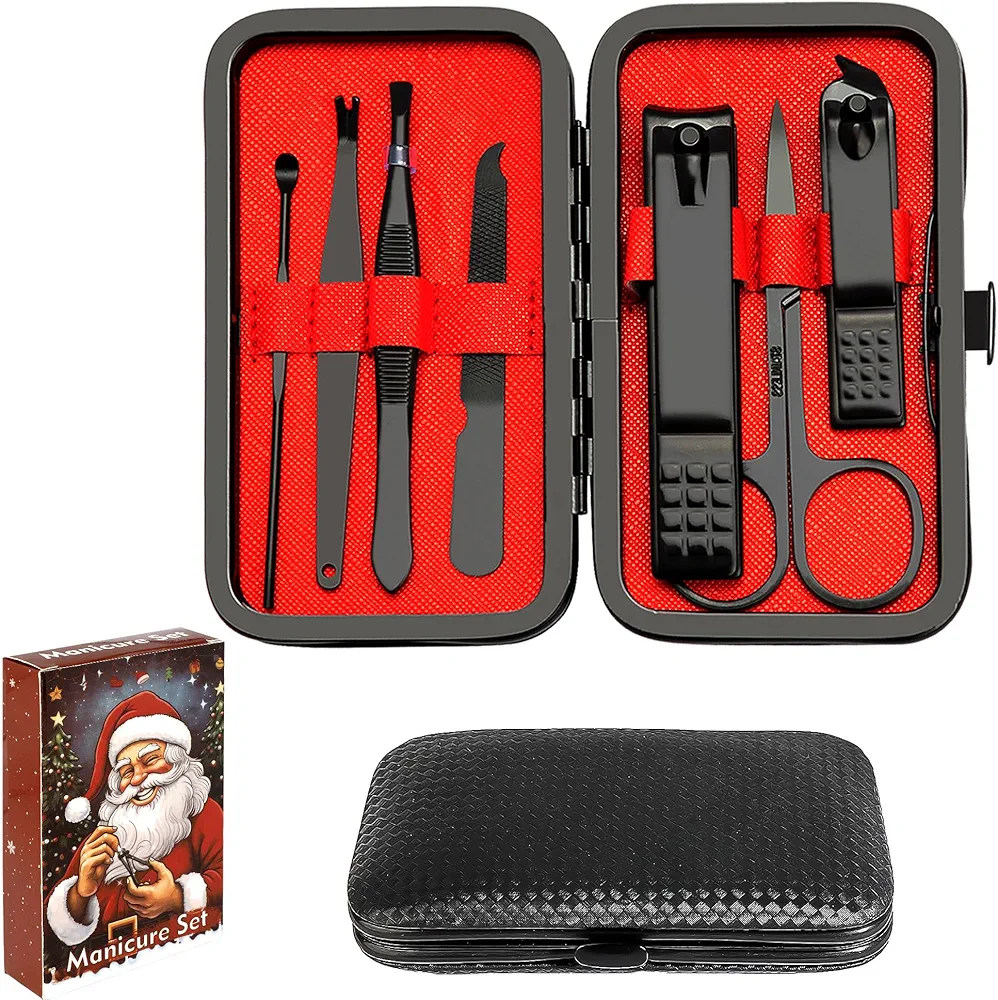 Christmas Stocking Stuffers Nail Clippers Set Nail Kit 7 in 1 Manicure Set Pedicure Tools for Feet Fingernail Toenail Clippers Mens Grooming Kit Christmas Gifts with Gift Box Nail Care Kit, Black